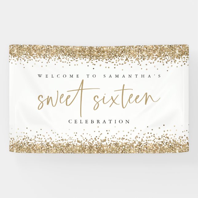 Glam Gold Glitter Name Welcome Sweet Sixteen Banner (Horizontal)