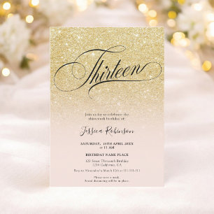 Glam gold glitter ombre chic script pink Thirteen Invitation