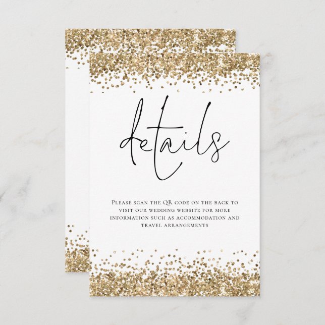 Glam Gold Glitter QR Code Script Wedding Details Enclosure Card (Front/Back)