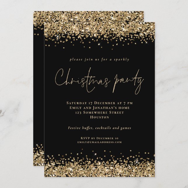 Glam Gold Glitter Script Christmas Party Black Invitation (Front/Back)