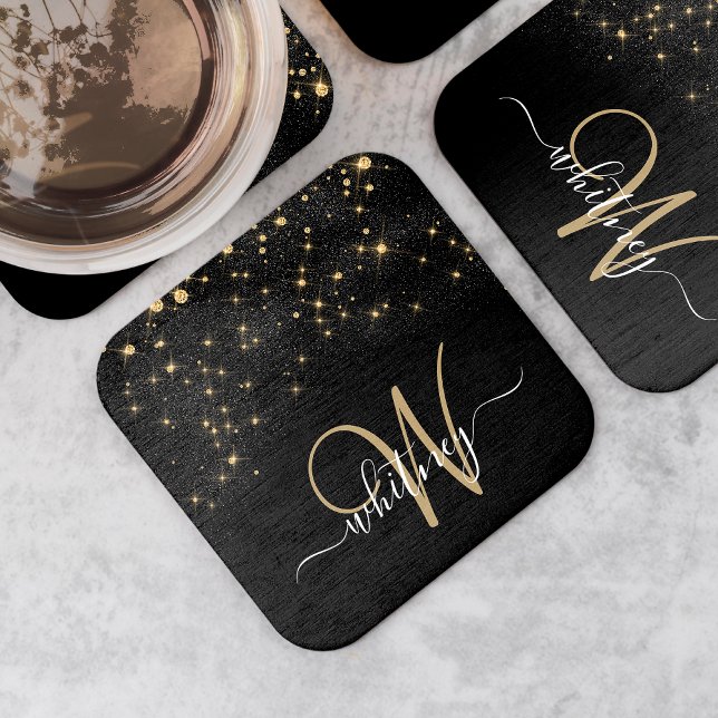 Glam Gold Glitter Sparkle Elegant Monogram Black Square Paper Coaster (Creator Uploaded)