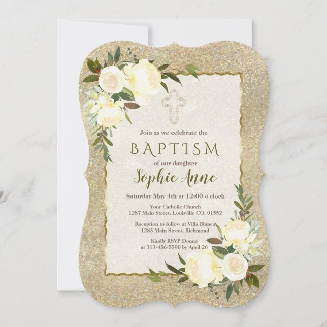 Glam Gold Glitter White Floral Baptism Invite (Front)