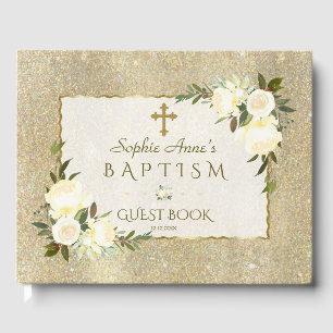 Glam Gold Glitter White Floral Girl Baptism Guest Book