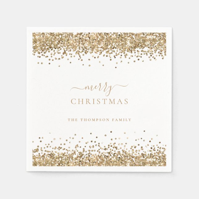 Glam Gold Glitter White Name Merry Christmas  Napkin (Front)