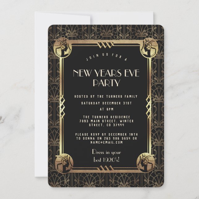 Glam Gold Great Gatsby 20s New Year's Eve Party Invitation (Front)