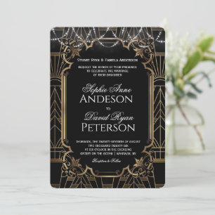 Glam Gold Great Gatsby Black Art Deco 20s Wedding Invitation