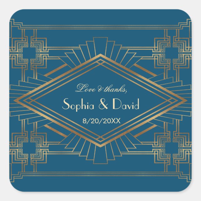 Glam Gold Great Gatsby Ocean Blue Wedding Square Sticker (Front)