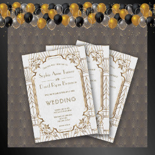 Glam Gold Great Gatsby White Art Deco 20s Wedding Invitation
