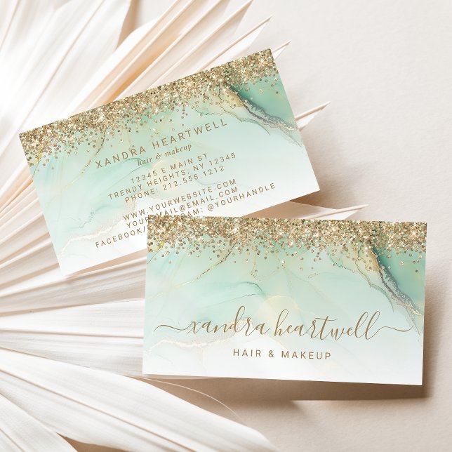 Glam Gold Green Marble Glitter Script Business Card (Creator Uploaded)