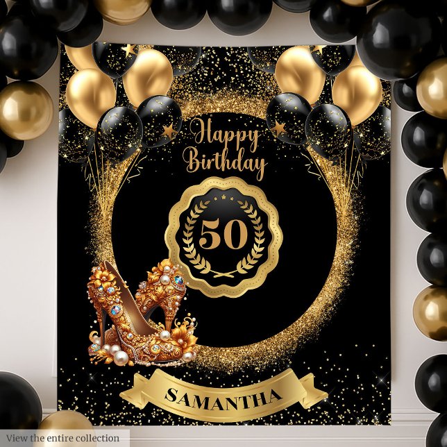 Glam Gold High Heels 50th Birthday Banner Tapestry (Glam Gold High Heels 50th Birthday Banner Tapestry)