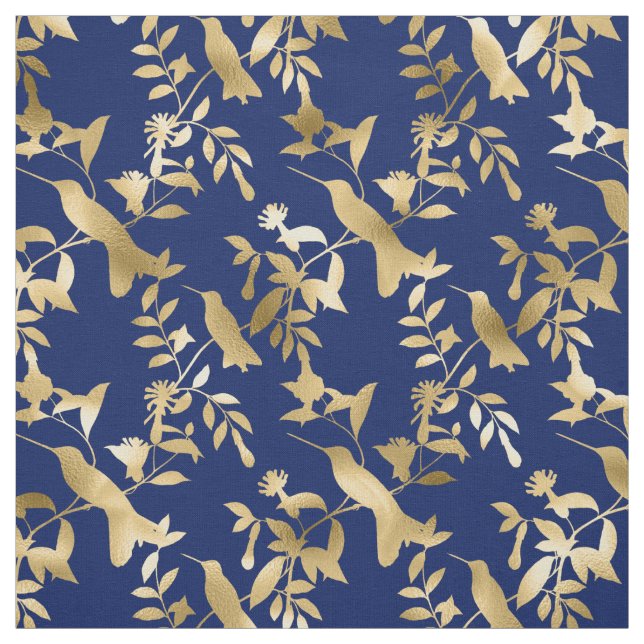 Glam Gold Hummingbirds Navy Blue Graphic Fabric (Swatch)