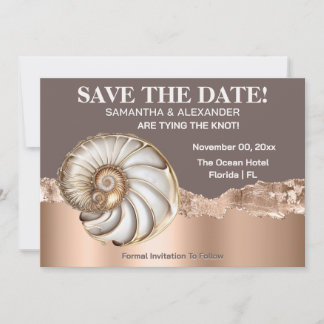 Glam Gold ivory Conch Shell Beach Save The Date Invitation