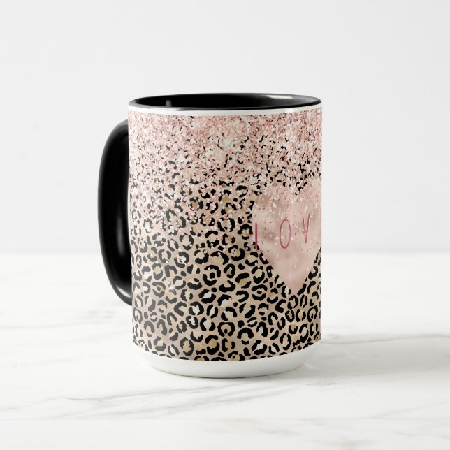 Glam Gold Leopard Print Pink Glitter Love Heart Mug (Front Left)