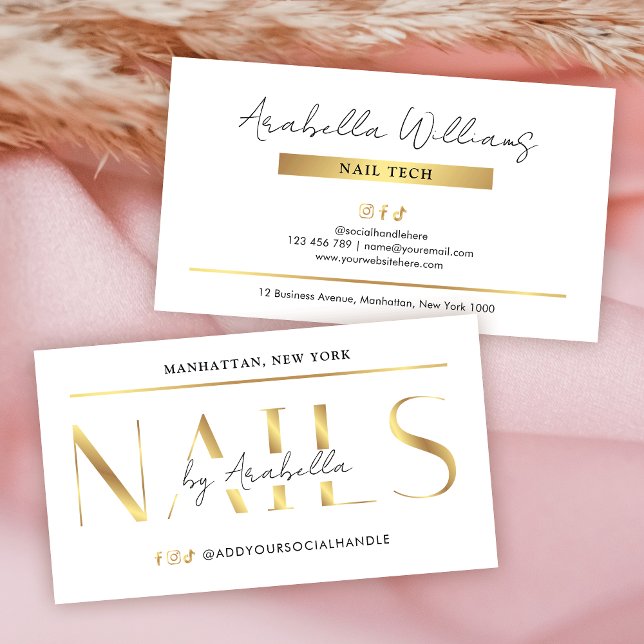 Glam Gold Luxury Modern Manicure Nail Artist Salon Business Card (Elegant nails business cards with faux gold effects, modern layout and space for your contact info)