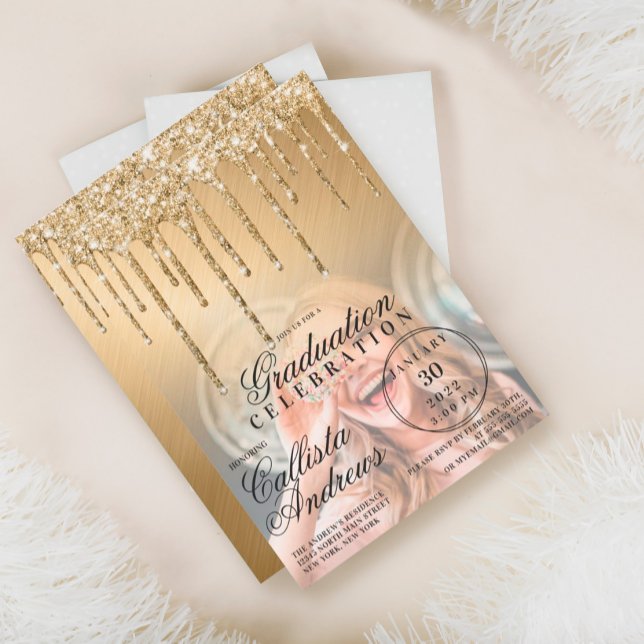 Glam Gold Metallic Glitter Drip Photo Graduation Invitation (Creator Uploaded)