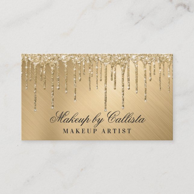 Glam Gold Metallic Glitter Drips Makeup Business Card (Front)