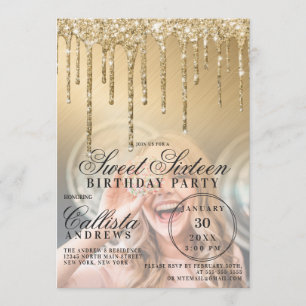 Glam Gold Metallic Glitter Drips Photo Sweet 16 Invitation