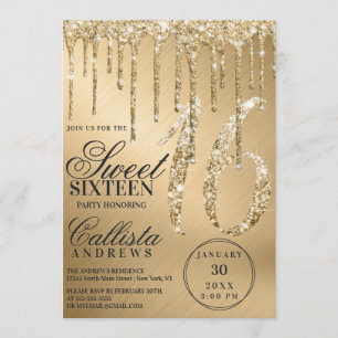 Glam Gold Metallic Glitter Drips Sweet 16 Invitation