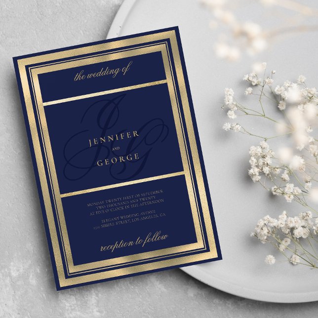 Glam gold navy blue monogram initials wedding invitation (Glam gold navy blue monogram initials wedding)