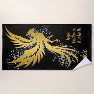 Glam Gold Phoenix Silver Glitter Monogram Black Beach Towel