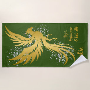 Glam Gold Phoenix Silver Glitter Monogram Green   Beach Towel