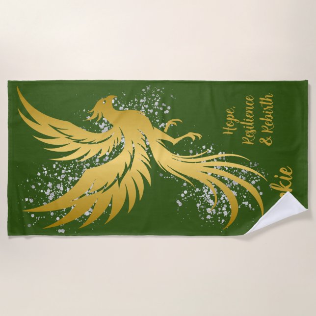 Glam Gold Phoenix Silver Glitter Monogram Green | Beach Towel (Front)