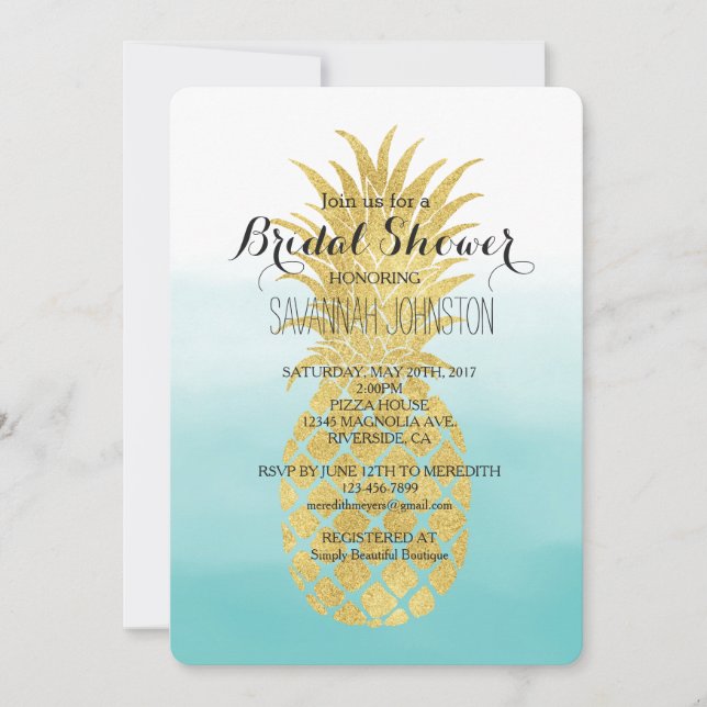 Glam Gold Pineapple Aqua Watercolor bridal shower Invitation (Front)