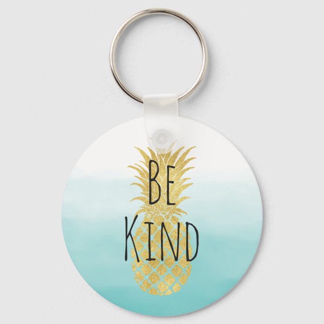 Glam Gold Pineapple Aqua Watercolor Ombre Key Ring (Front)