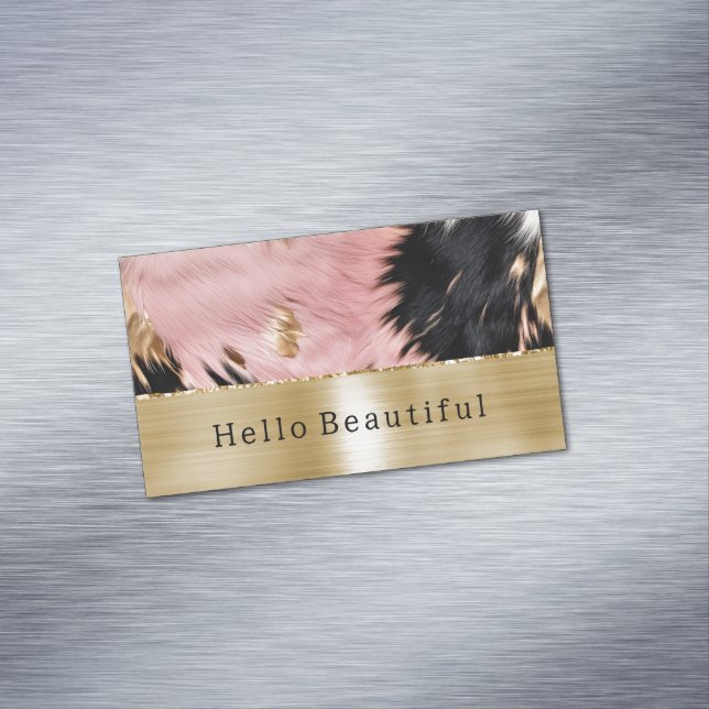 Glam Gold Pink Black Cowhide Magnetic Business Card (In Situ)