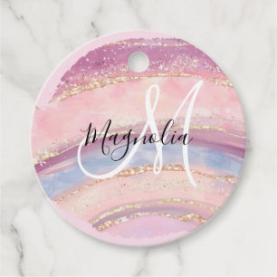 Glam Gold Pink Blue Gemstone Brush Stroke Monogram Favour Tags