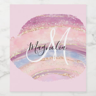 Glam Gold Pink Blue Gemstone Brush Stroke Monogram Wine Label