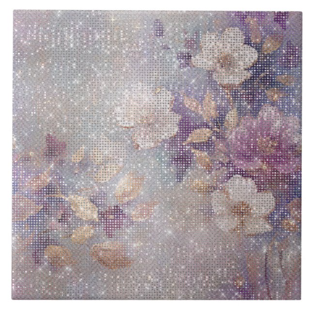 Glam Gold Purple Floral Sparkle   Tile (Front)
