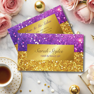 Glam gold purple glitter luxury elegant script  business card