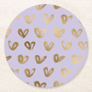 Glam Gold Purple Hearts Birthday Round Paper Coaster