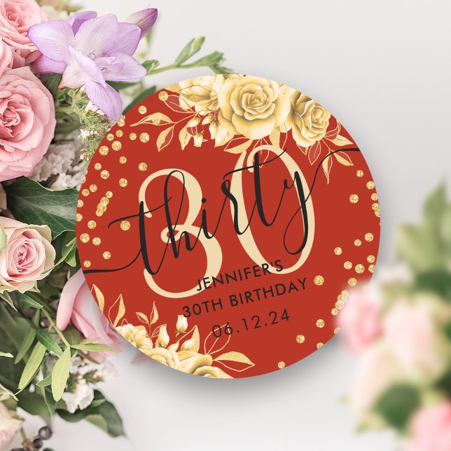 Glam Gold Red Floral Glitter 30th Birthday Script Classic Round Sticker (Glam Gold Red Floral Glitter 30th Birthday Script Classic Round Sticker)