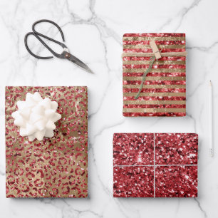 Glam Gold Red Glitter Leopard Print Wrapping Paper Sheet