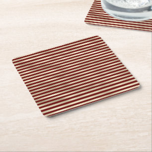 Glam Gold Red Holiday Stripes Christmas Square Paper Coaster