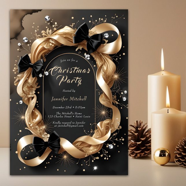 Glam Gold Ribbon Black Bow Christmas Party Invitation (Glam Gold Ribbon Black Christmas Party Invitation)