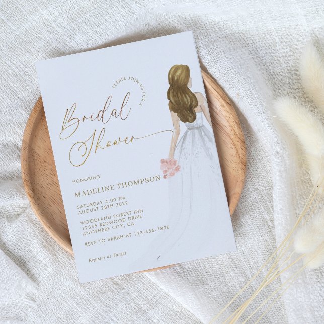 Glam Gold Script Ivory Bride Gown Bridal Shower Invitation (Creator Uploaded)