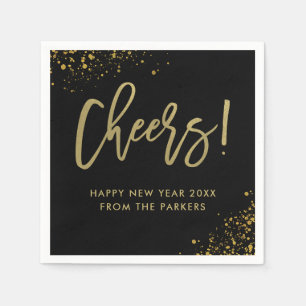 Glam Gold Script on Black Cheers New Years Napkin