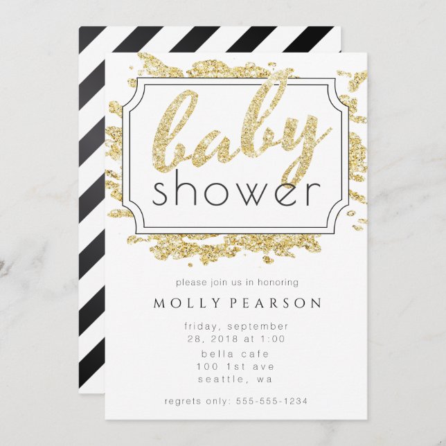 Glam Gold Sparkle Black and White Baby Shower Invitation (Front/Back)