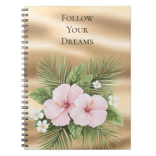Glam Gold Tropical Blue Pink Hibiscus Floral   Notebook