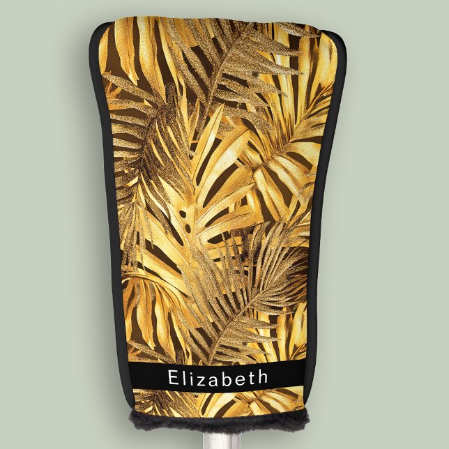 Glam Gold Tropical Leaves Personalized Golf Head Cover (Creator Uploaded)