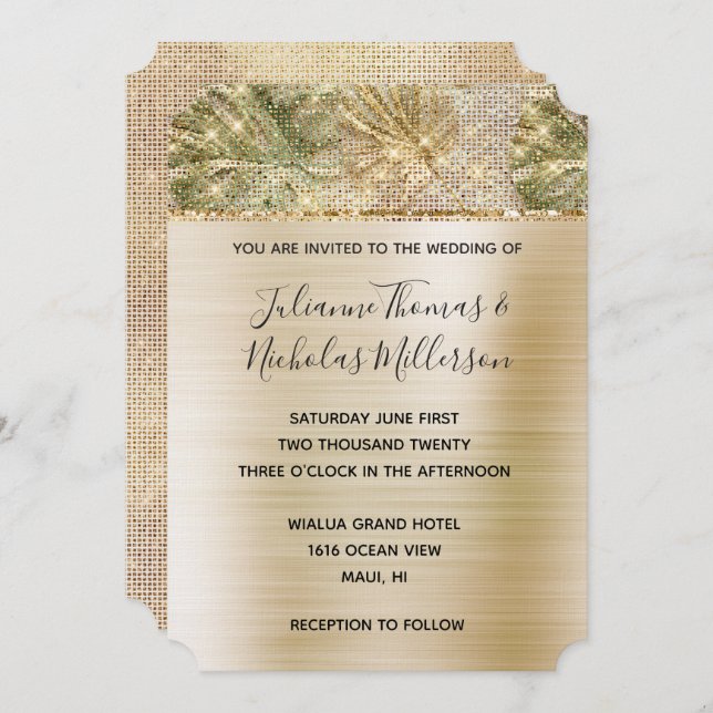 Glam Gold Tropical Leaves Sparkle Wedding  Invitation (Front/Back)