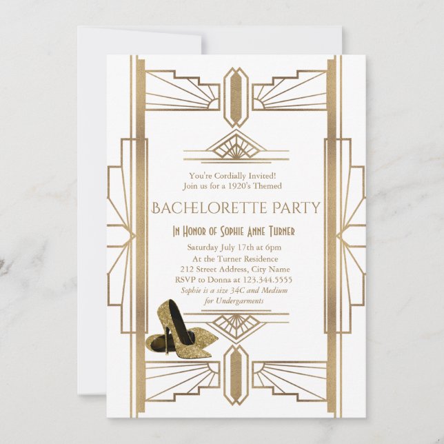 Glam Gold White Great Gatsby Bachelorette Party Invitation (Front)