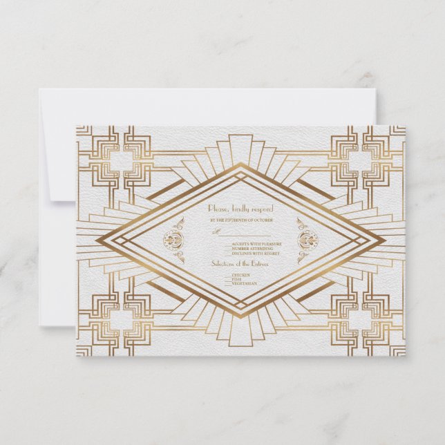 Glam Gold White Great Gatsby Wedding RSVP (Front)