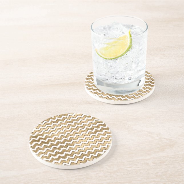 Glam Gold White Zigzag Stripes Coaster (Side)