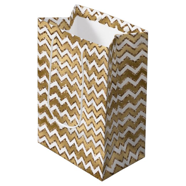 Glam Gold White Zigzag Stripes Medium Gift Bag (Front Angled)