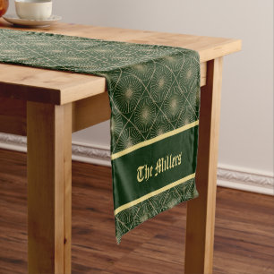 Glam Golden Personalized Art Deco Green & Gold Short Table Runner