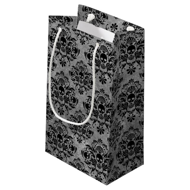 Glam Goth Mini Skull Damask Pattern Black Grey Small Gift Bag (Back Angled)
